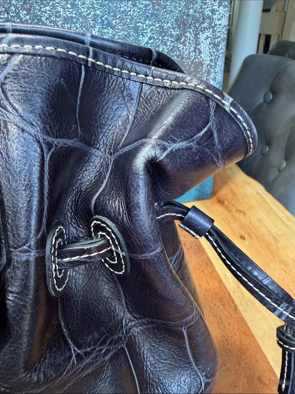 Dooney & Bourke Luxe Y2K Vintage Soft Croc Medium Chiara Drawstring Tote Black